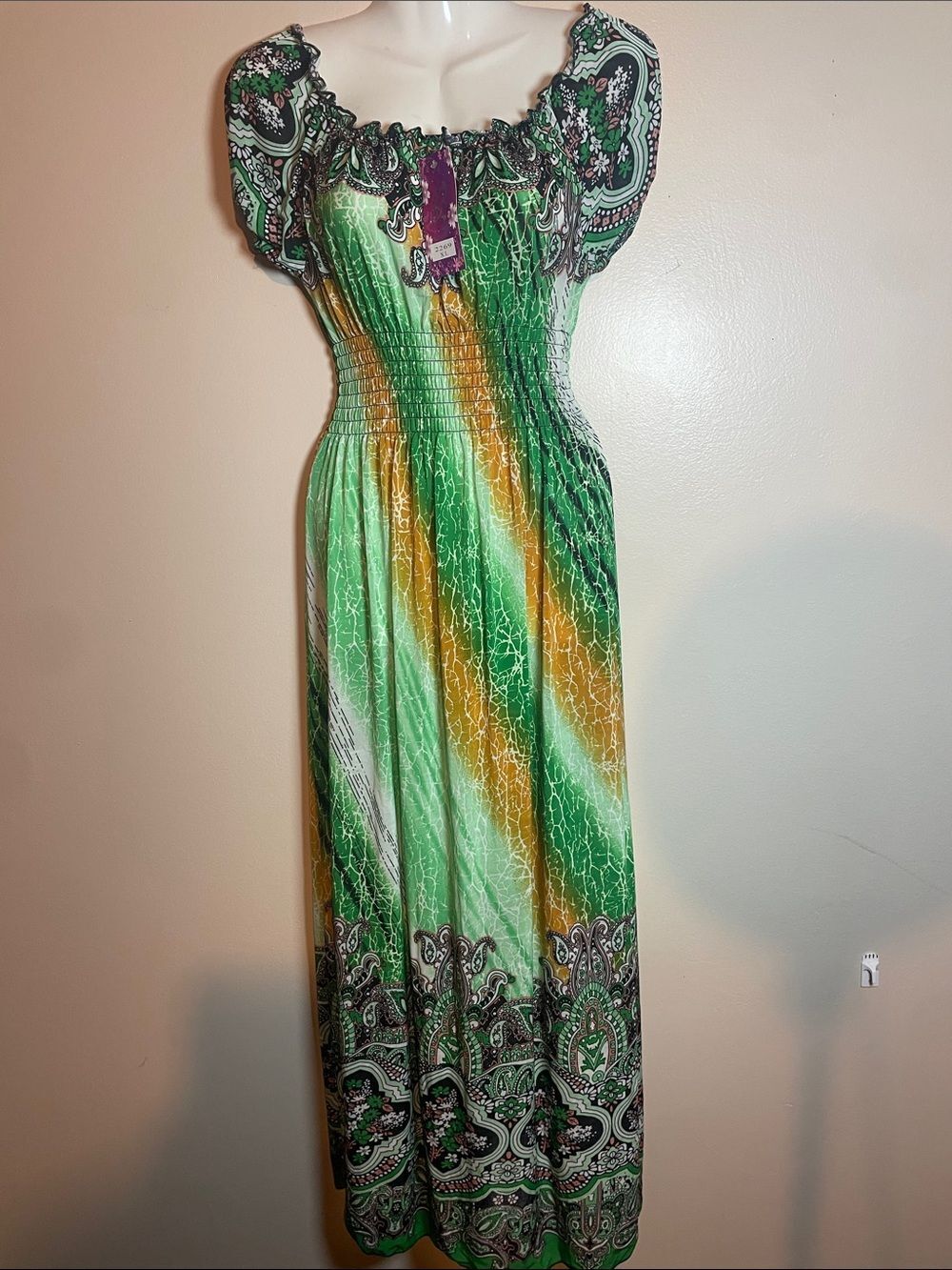 Green Paisley Print Smocked Maxi Dress Size Large